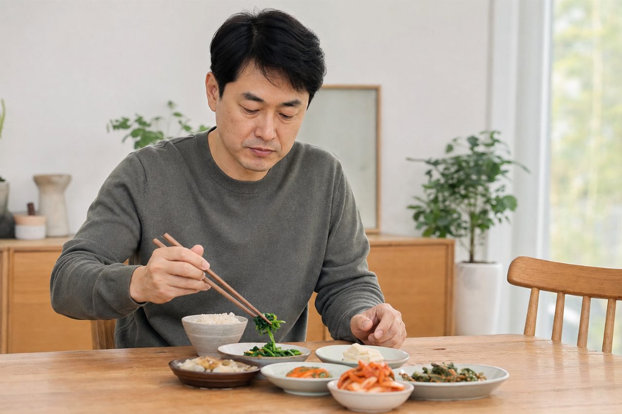 40대 남성이 식탁에서 국물 없이 반찬만 먹는 장면