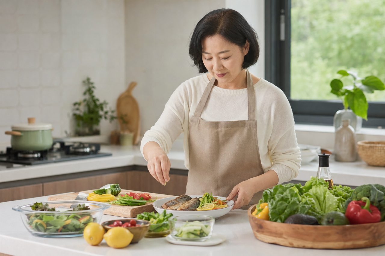 다양한 채소와 생선이 차려진 건강한 저녁 식사를 준비하는 40대 여성.