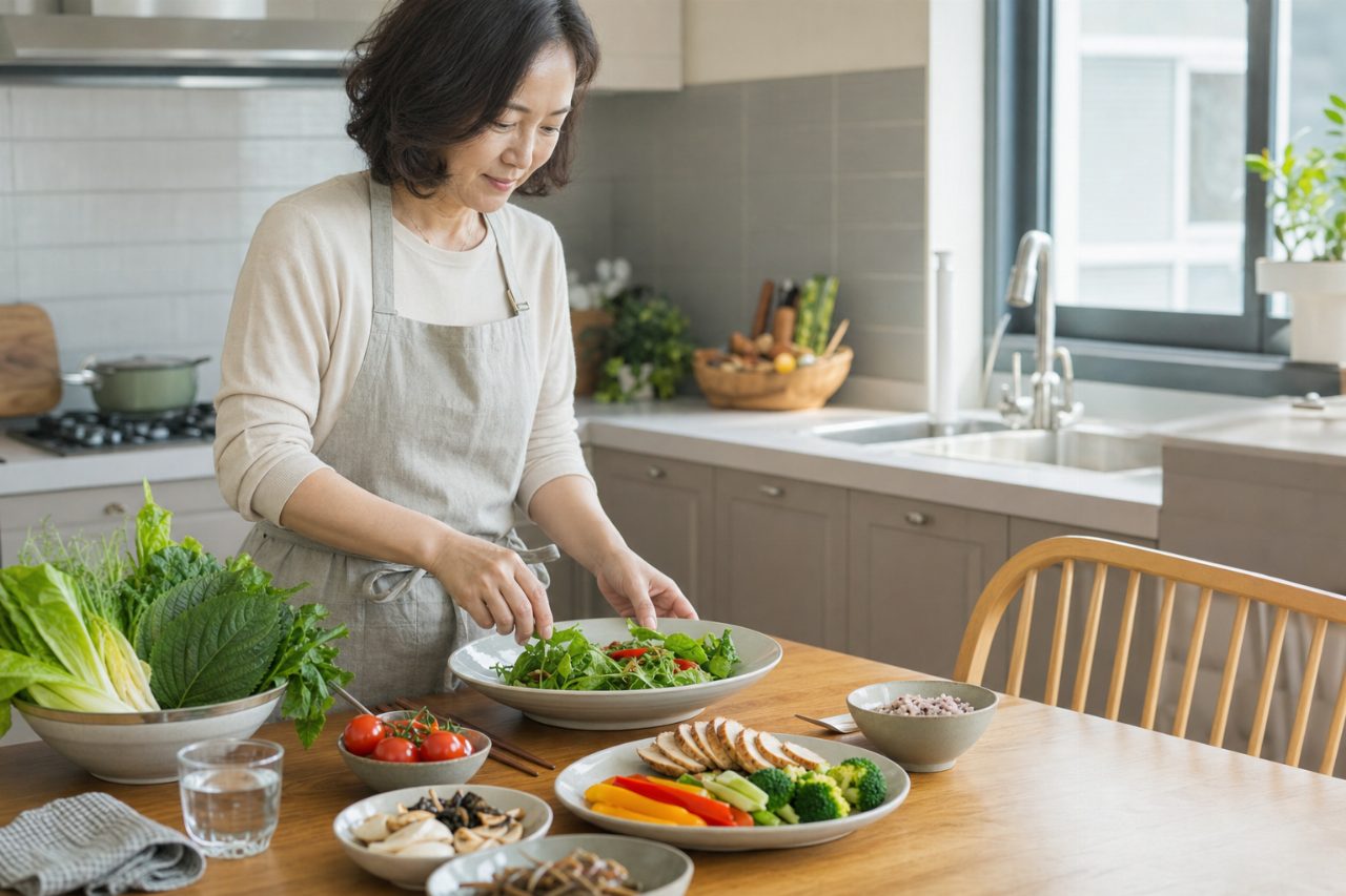 저녁 식탁에서 건강한 식사를 준비하는 중년 여성