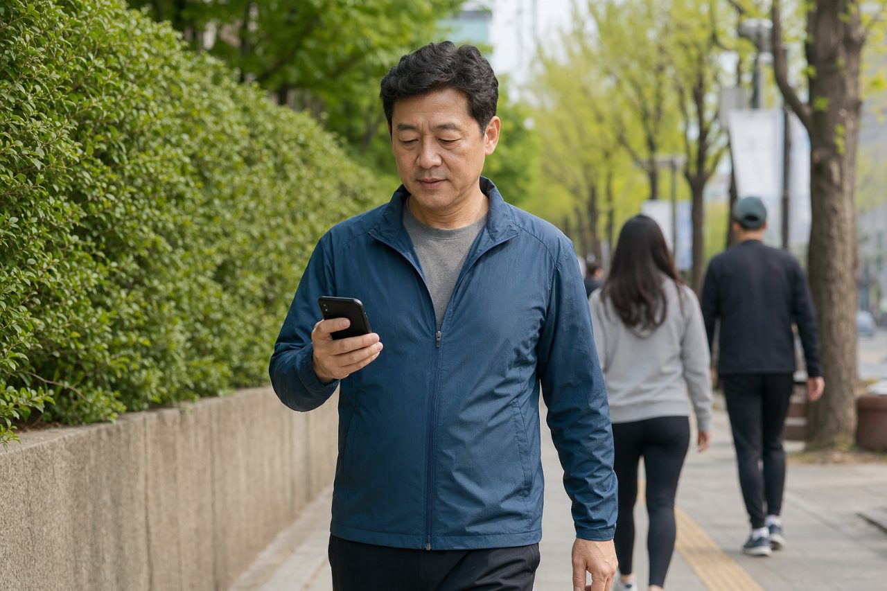 만보기 앱을 확인하며 걷는 중년 남성의 모습.