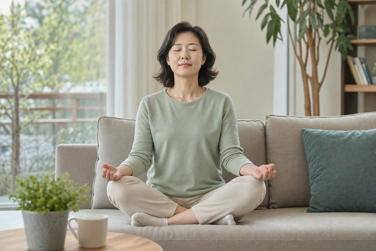 거실 소파에서 명상 자세를 취하며 심호흡하는 40대 여성
