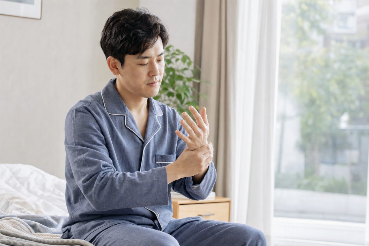 아침에 손을 부드럽게 마사지하는 30대 남성의 모습.
