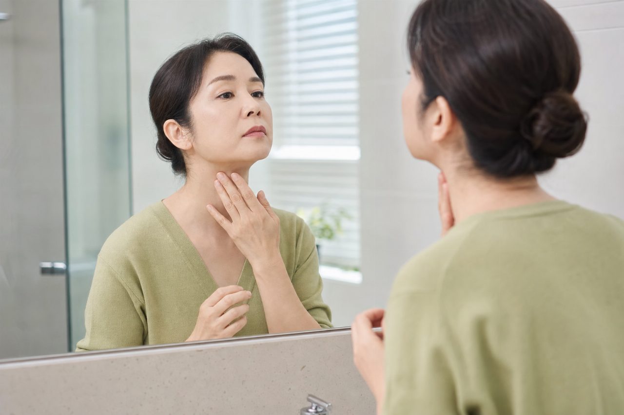 아침에 거울을 보며 목 부분을 살펴보는 40대 여성