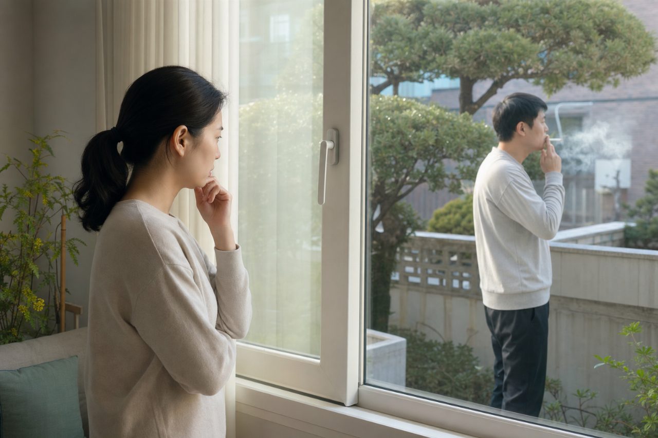 야외에서 담배를 피우는 모습을 실내에서 지켜보는 가족