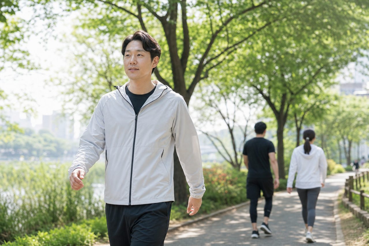 아침 공원이 산뜻한 분위기 속에서 성인이 걷고 있다.