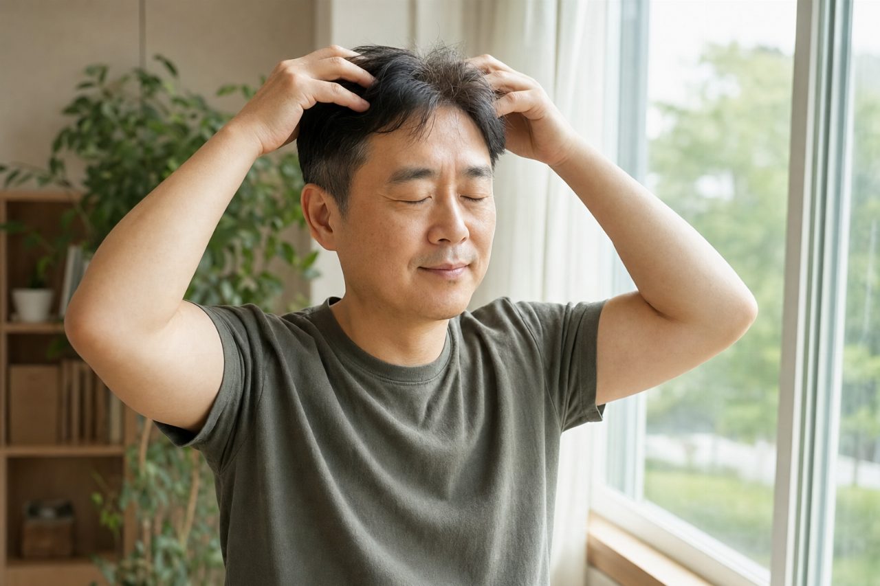 40대 남성이 아침 햇살 속에서 두피 마사지를 실천하는 모습