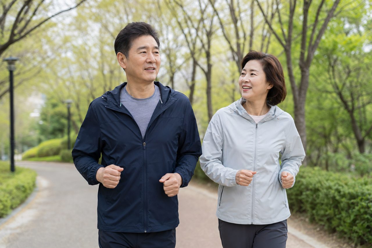 공원에서 걷기 운동을 실천하는 50대 부부