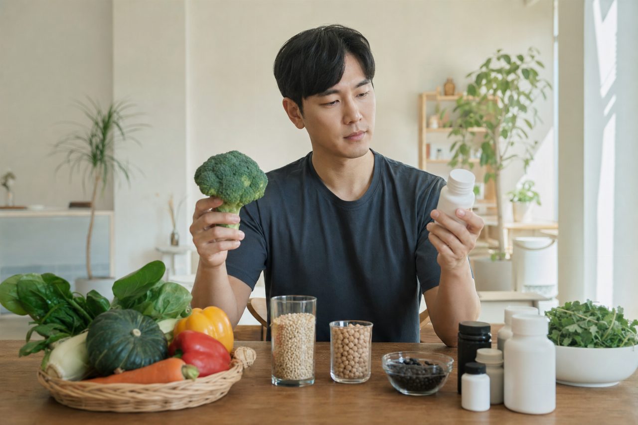 영양제와 신선한 채소, 곡류를 함께 식탁에 두고 비교하는 남성