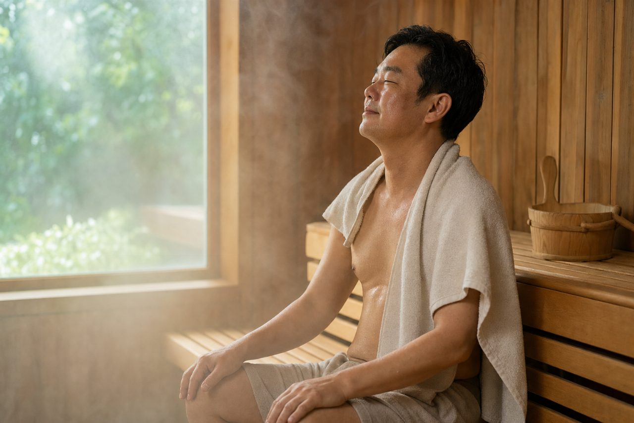뜨거운 건식 사우나실에서 휴식을 취하는 중년 남성.