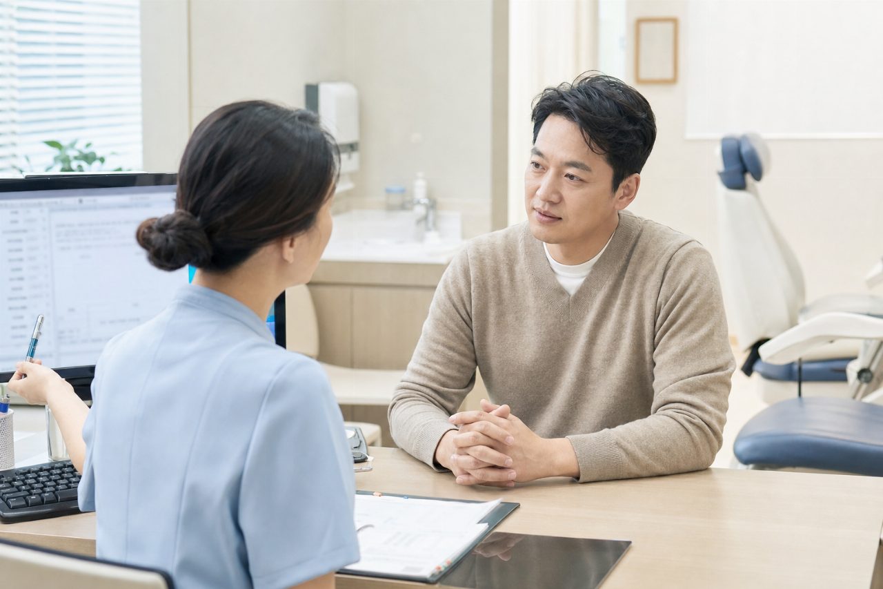 중년 남성이 건강검진 센터에서 안내를 받고 있다.