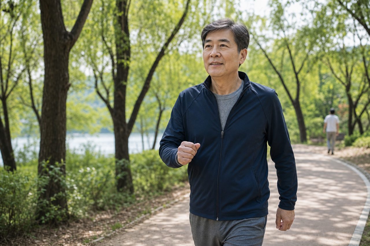 뼈 건강을 위해 야외에서 꾸준히 산책하는 60대 남성.