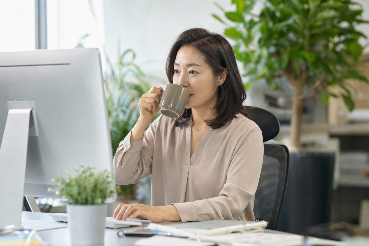 사무실에서 책상에 앉아 커피를 마시는 40대 여성의 모습