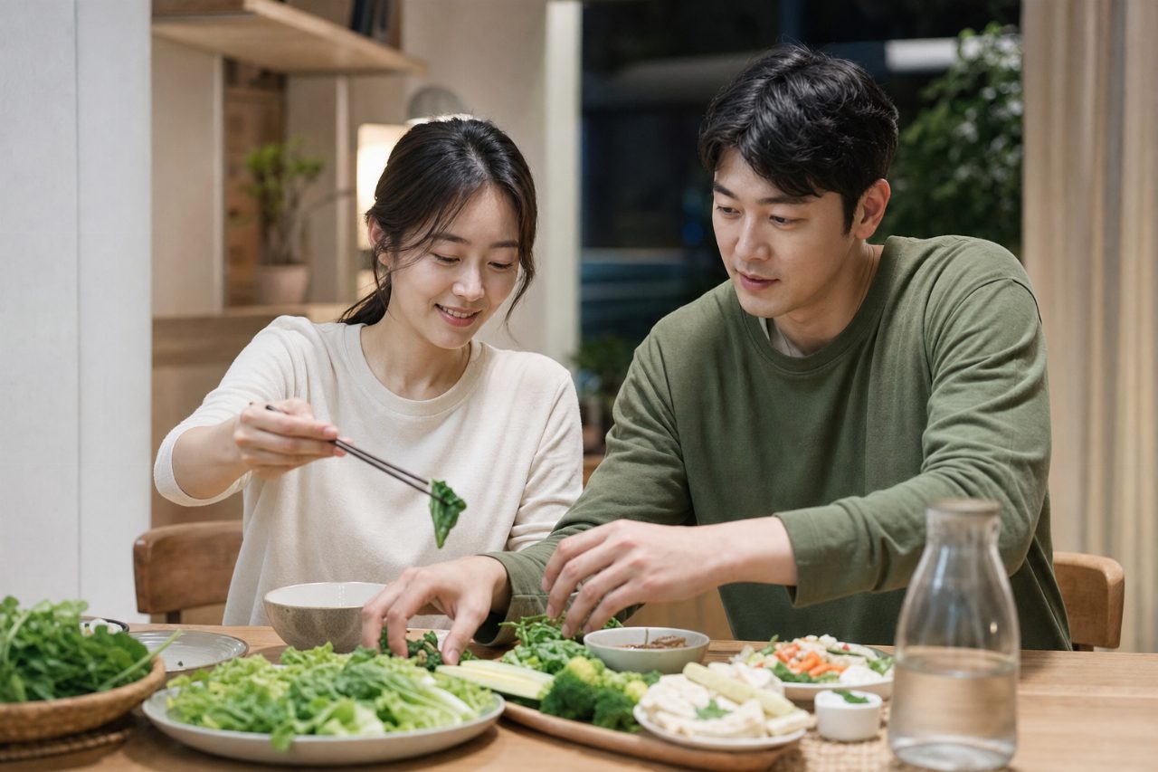 저녁 식탁에서 싱거운 식단을 고르는 젊은 남녀의 모습.
