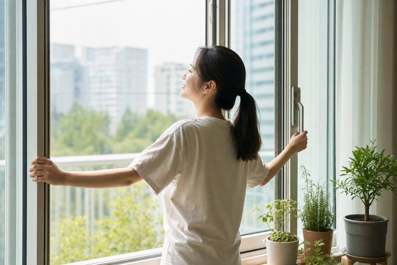 창문을 열고 집안을 환기시키는 장면입니다.