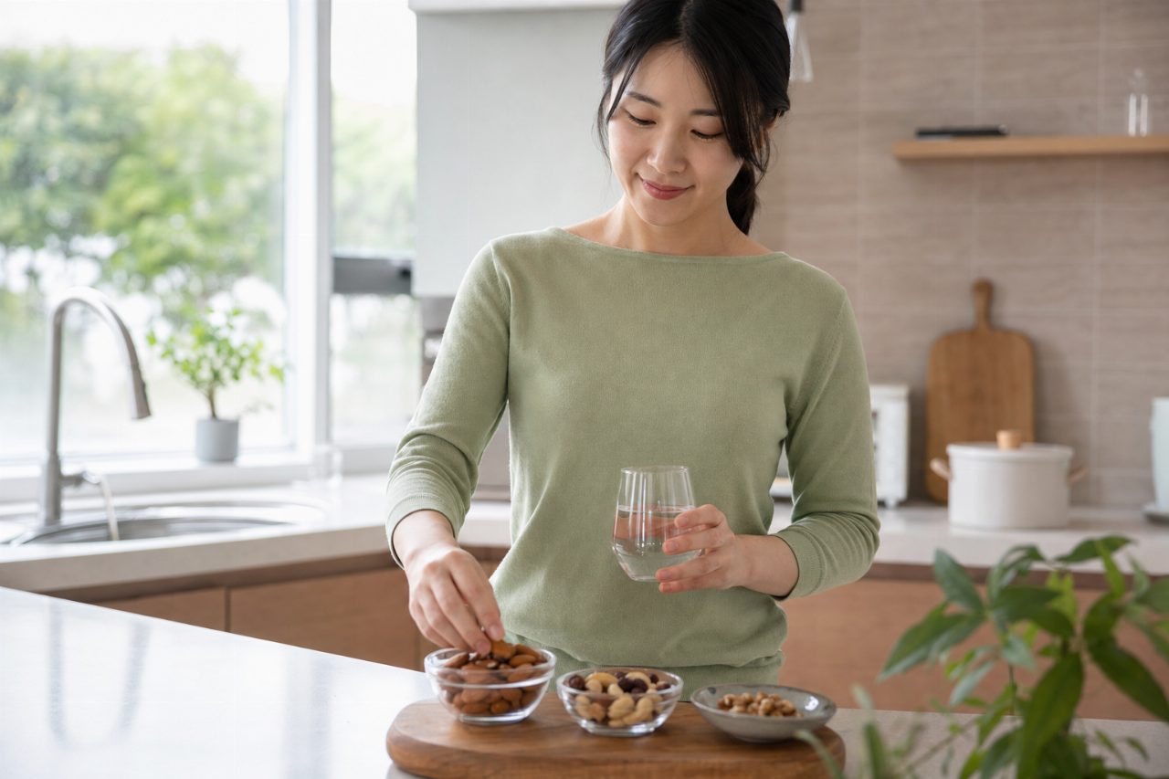 주방에서 물과 견과류로 간단한 간식을 준비하는 여성이 보인다
