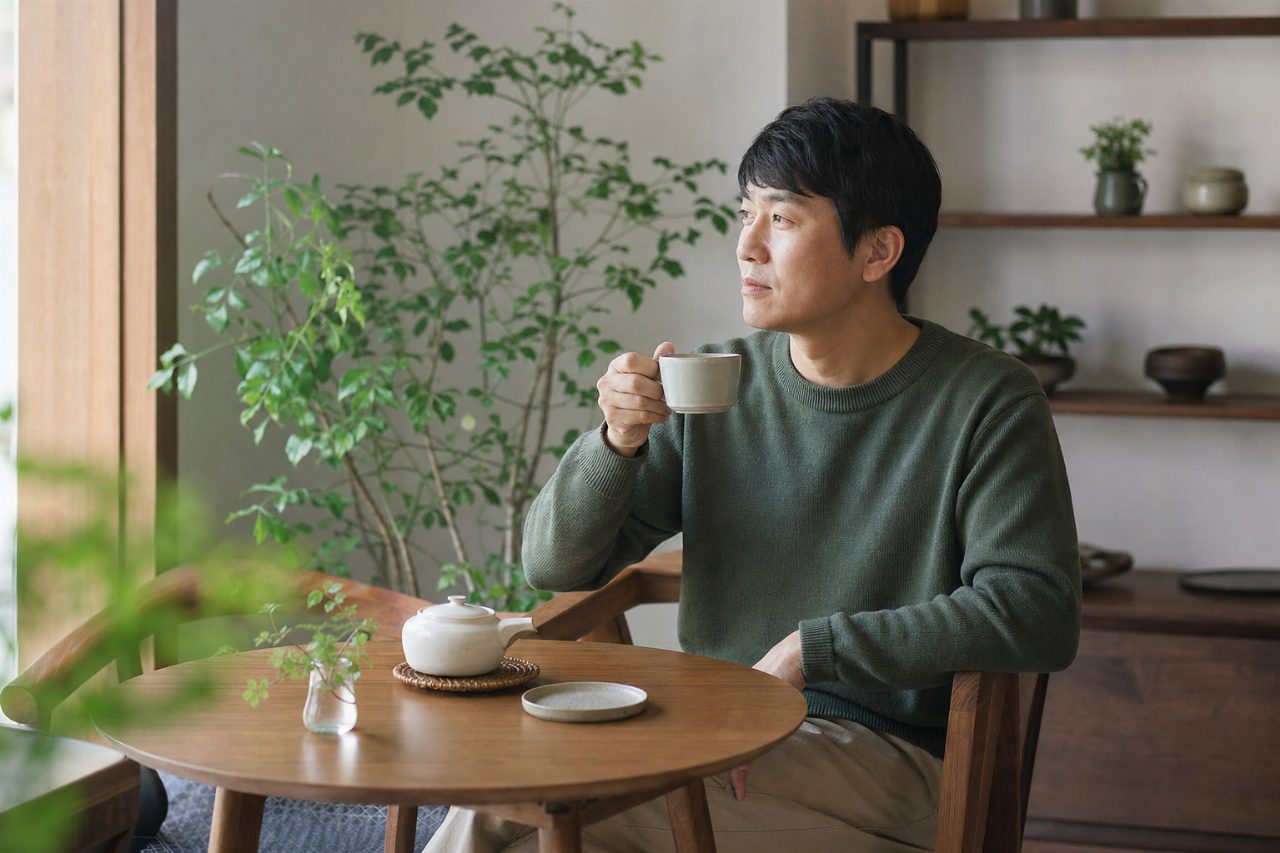 아늑한 공간에서 따뜻한 차를 마시며 휴식 중인 40대 남성.