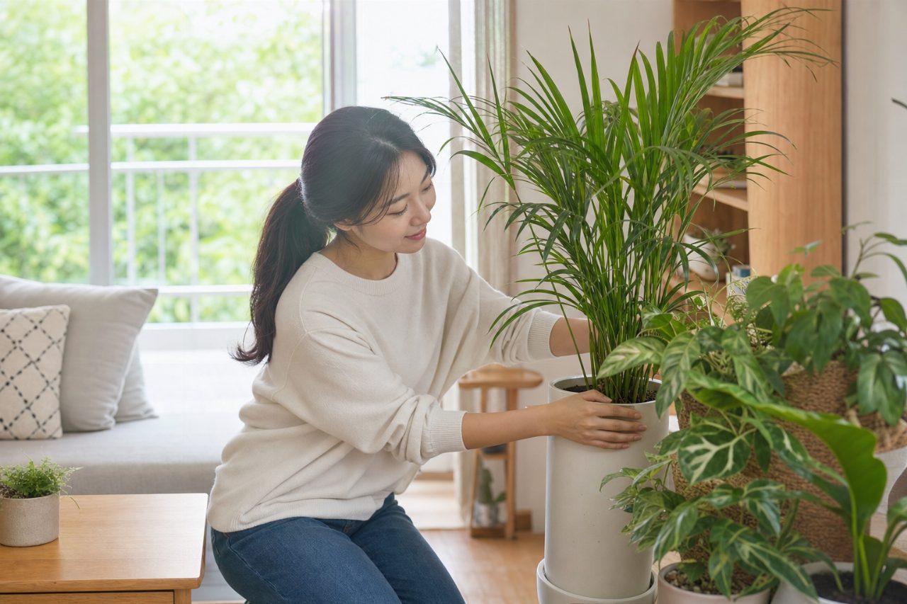 친환경 공기정화 식물을 거실에 배치하는 30대 여성