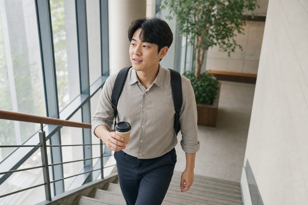 엘리베이터 대신 계단 오르기를 실천하는 직장인의 모습.