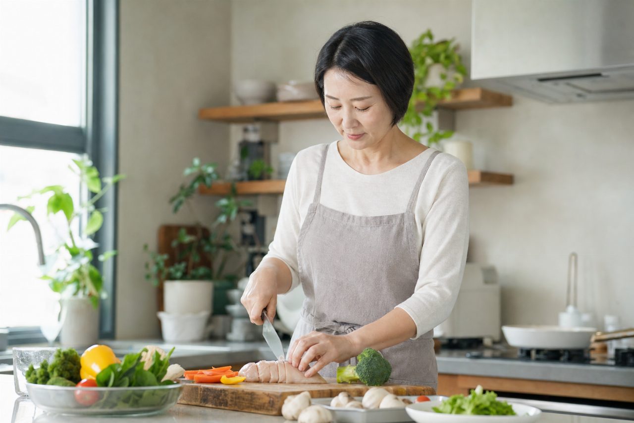 균형 잡힌 식사를 준비하는 40대 여성