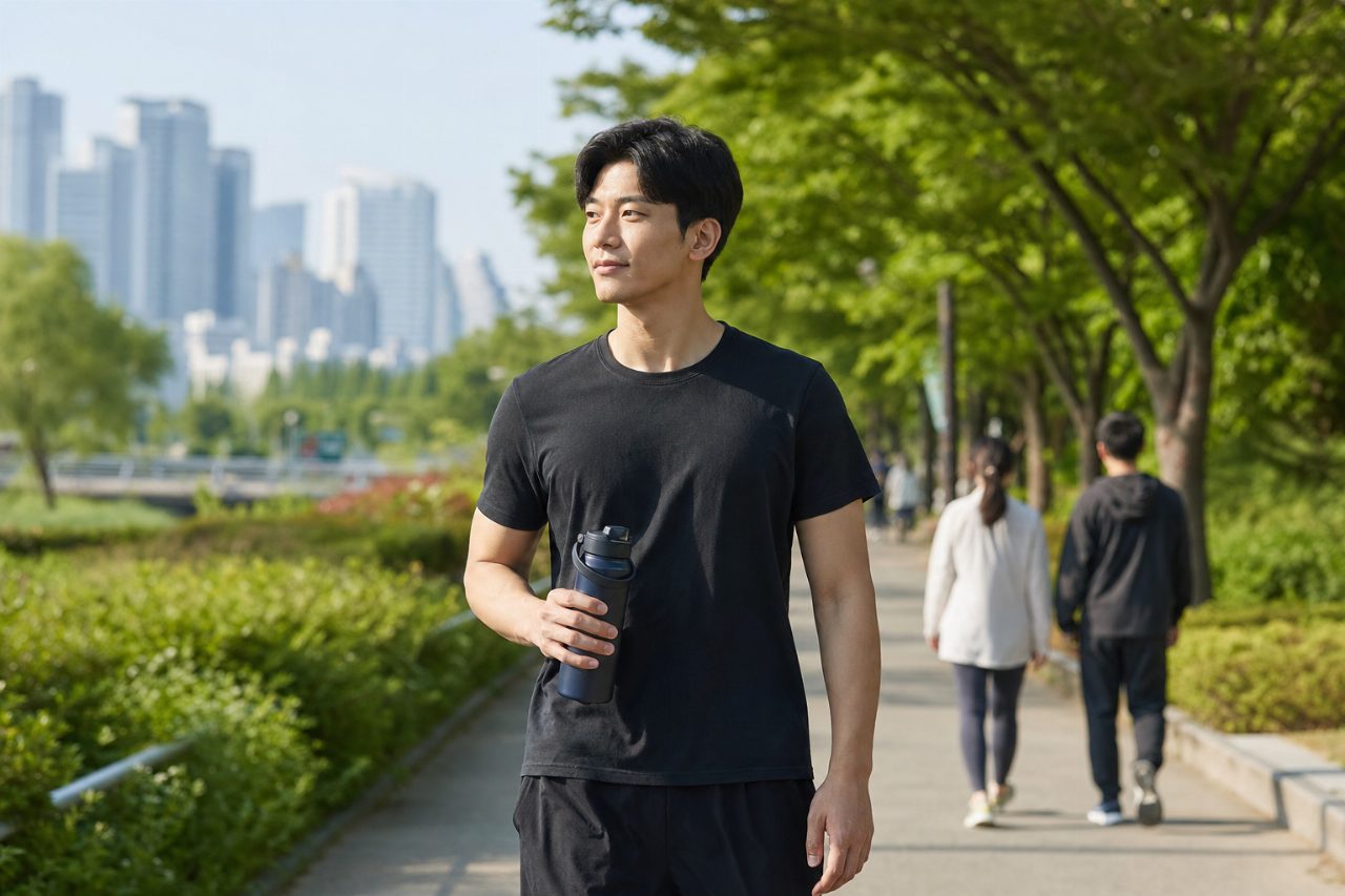 휴대용 물병을 들고 산책하는 30대 남성