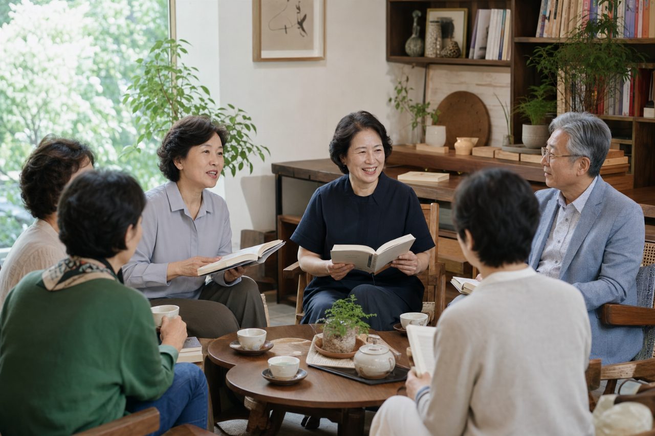 찻잔과 함께한 소규모 도서 모임 공간의 따뜻한 분위기