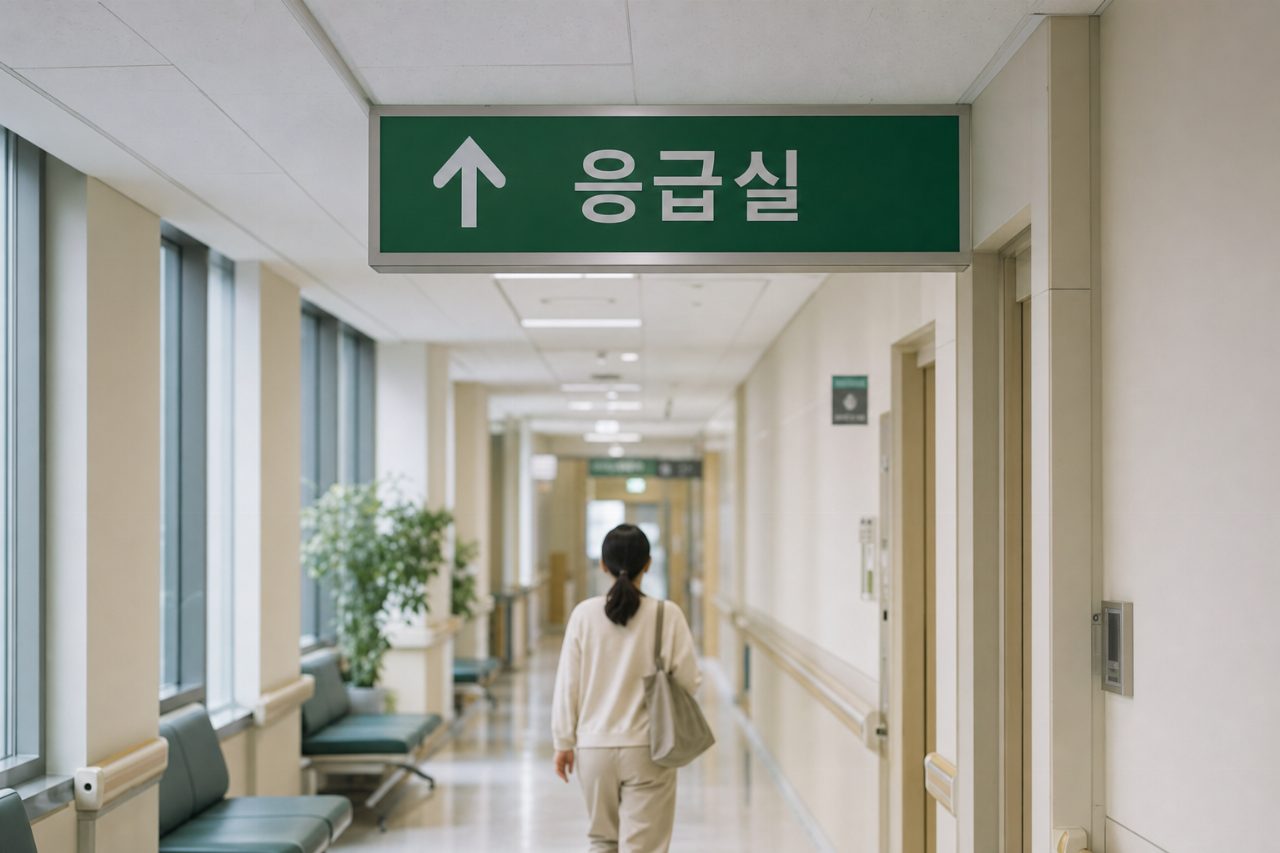 병원 복도에서 응급실 방향 표지판이 보이는 모습