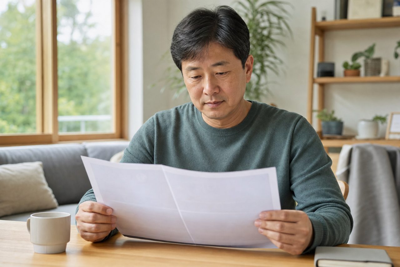 양손으로 건강검진 결과지를 펼쳐 확인하는 장면
