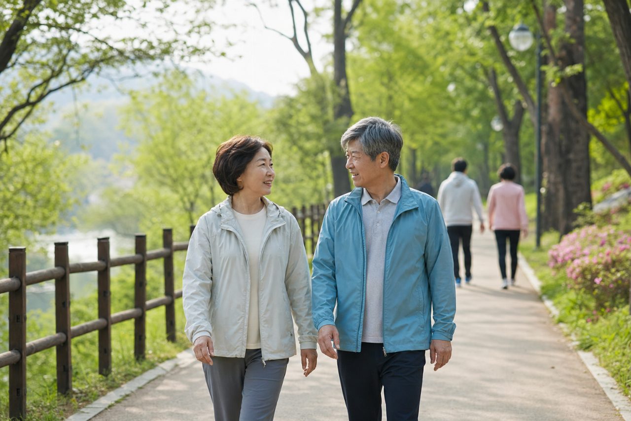 공원 산책로를 따라 걷기 좋은 날씨의 자연 풍경