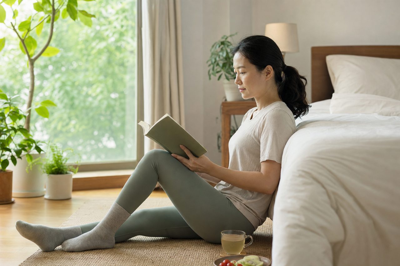 침대 곁에서 조용히 책을 읽거나 스트레칭하는 장면