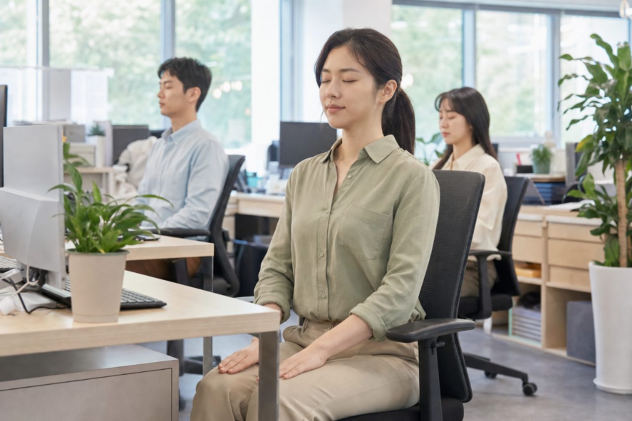 책상에 앉아 손을 무릎 위에 올리고 간단한 근육 이완을 하는 장면