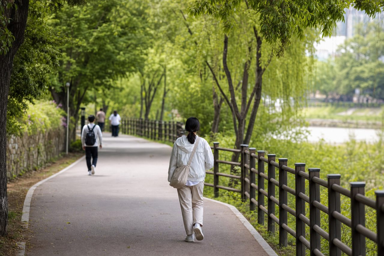 공원을 산책하는 사람의 뒷모습이 담긴 아늑한 풍경