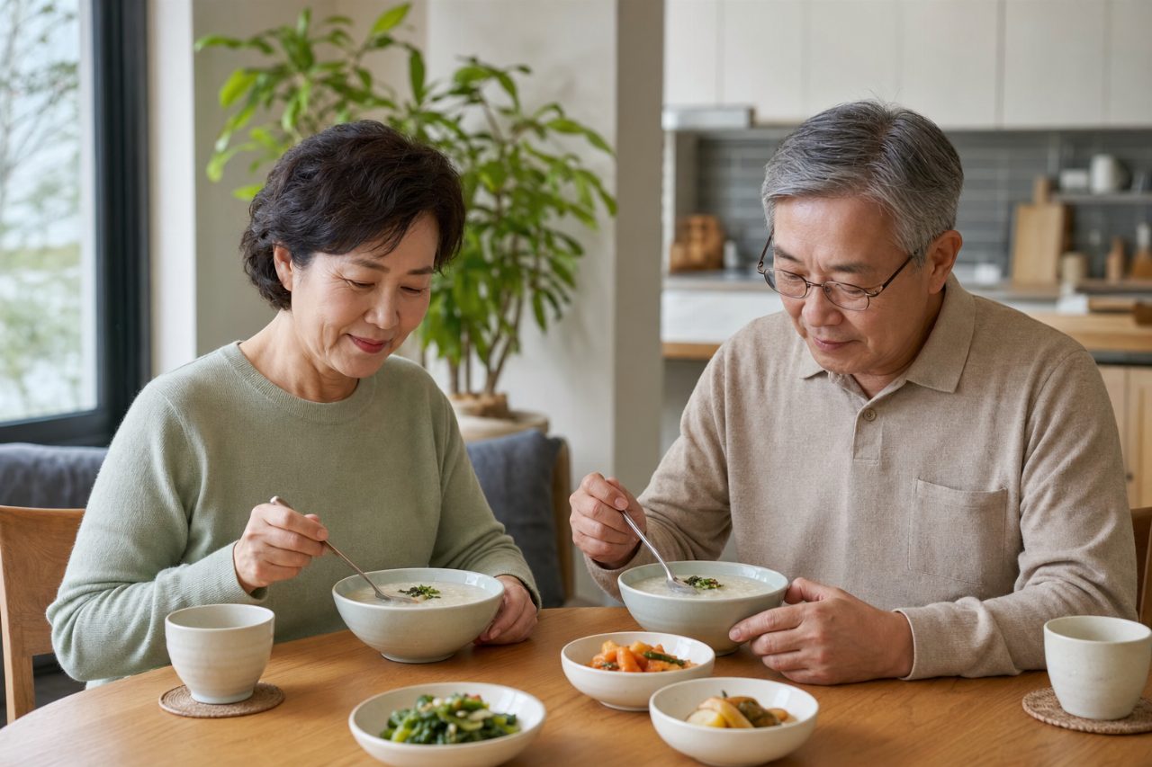 부드러운 음식과 고운 죽을 담은 식사 그릇
