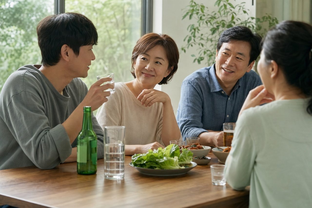 테이블 위에 놓인 투명한 물잔과 알코올 음료가 함께 있는 장면