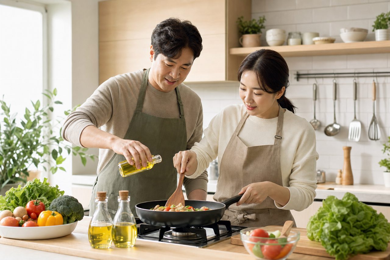 볶음 요리에 적합한 해바라기유와 카놀라유를 담은 작은 유리병