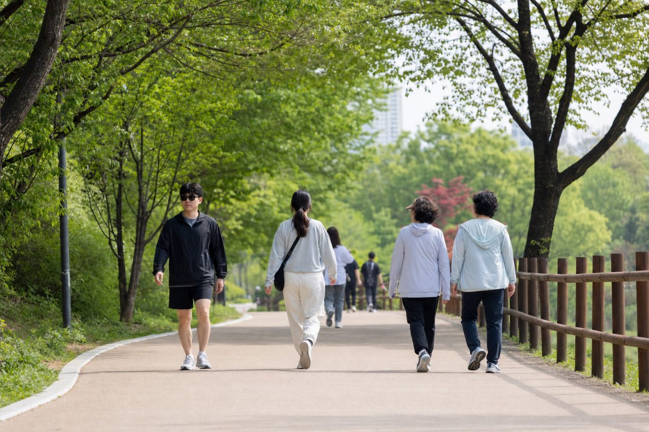 사람들이 산책하는 넓은 공원 산책로