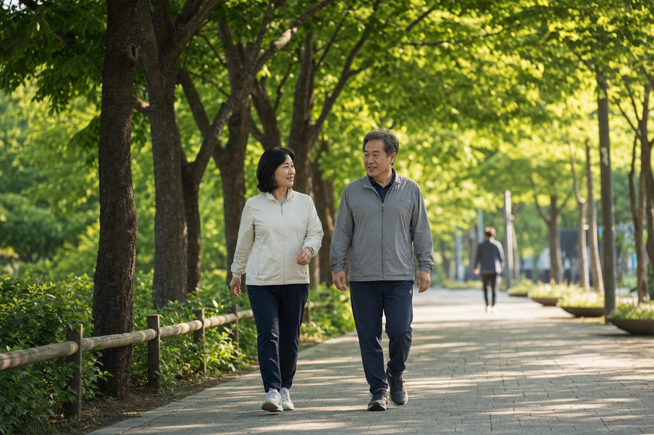아침 산책길에 드리운 햇살과 나뭇잎의 모습