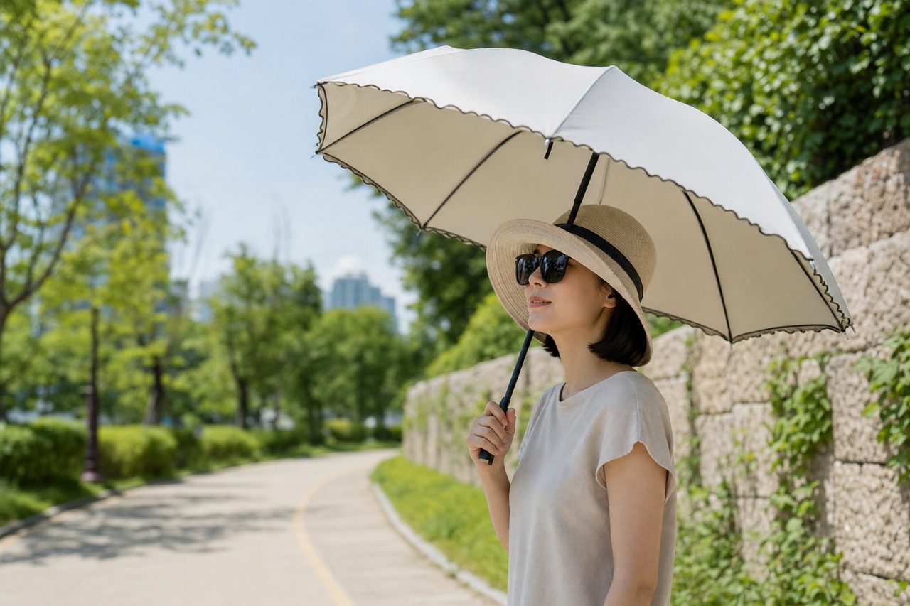 야외에 놓인 넓은 챙 모자와 양산, 선글라스가 햇빛을 차단하는 모습