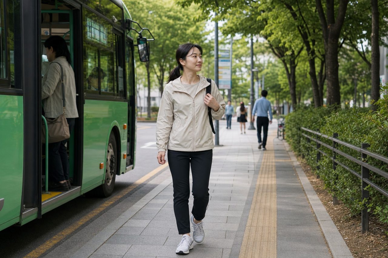 대중교통에서 한 정거장 일찍 내려 걷는 모습이 강조된 일상 장면.