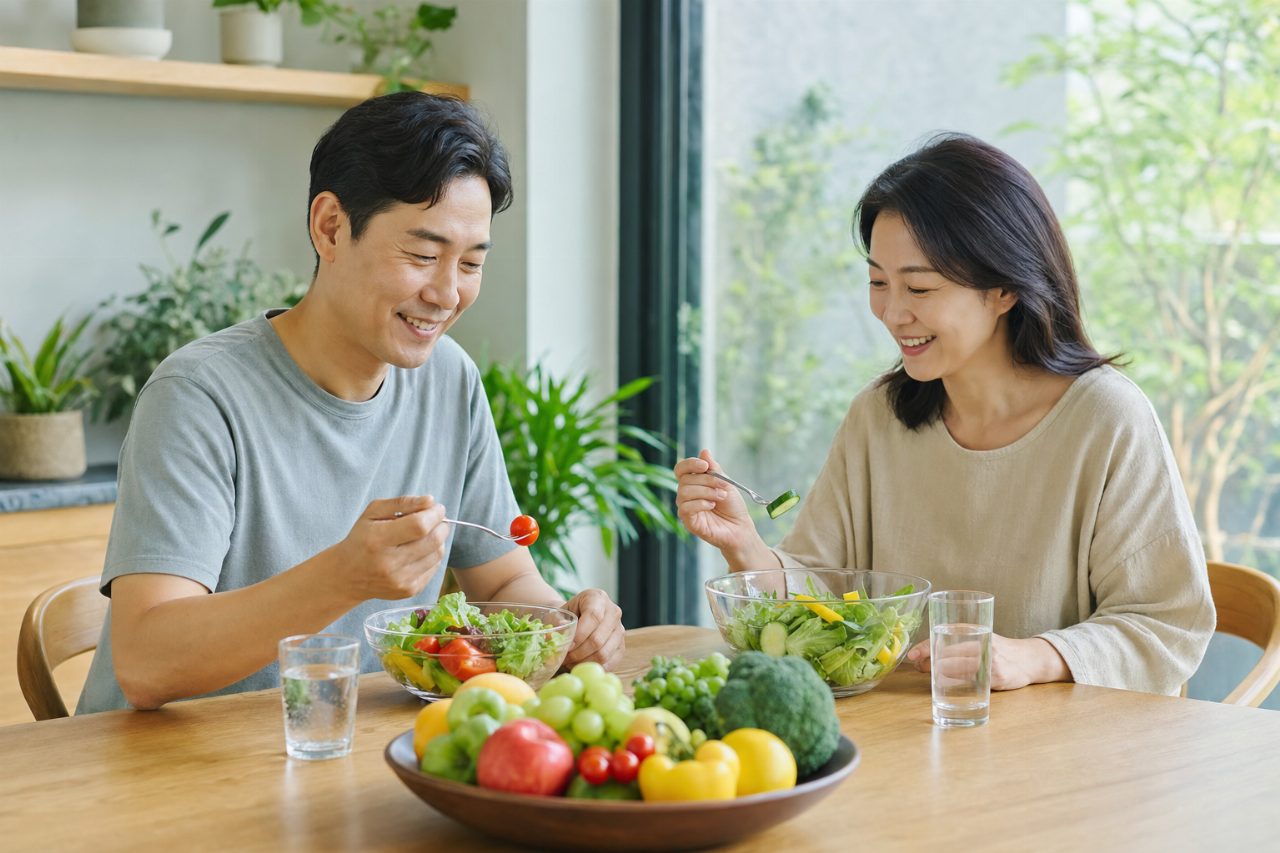 신선한 야채와 과일이 담긴 그릇이 테이블 위에 놓여 있다