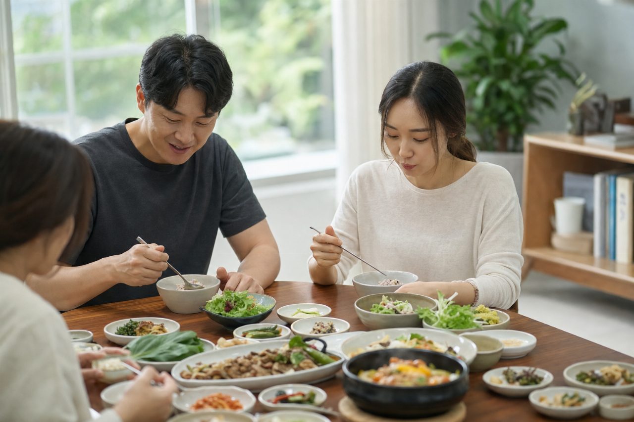 공복 시간이 긴 후 식사할 때의 식탁 전경