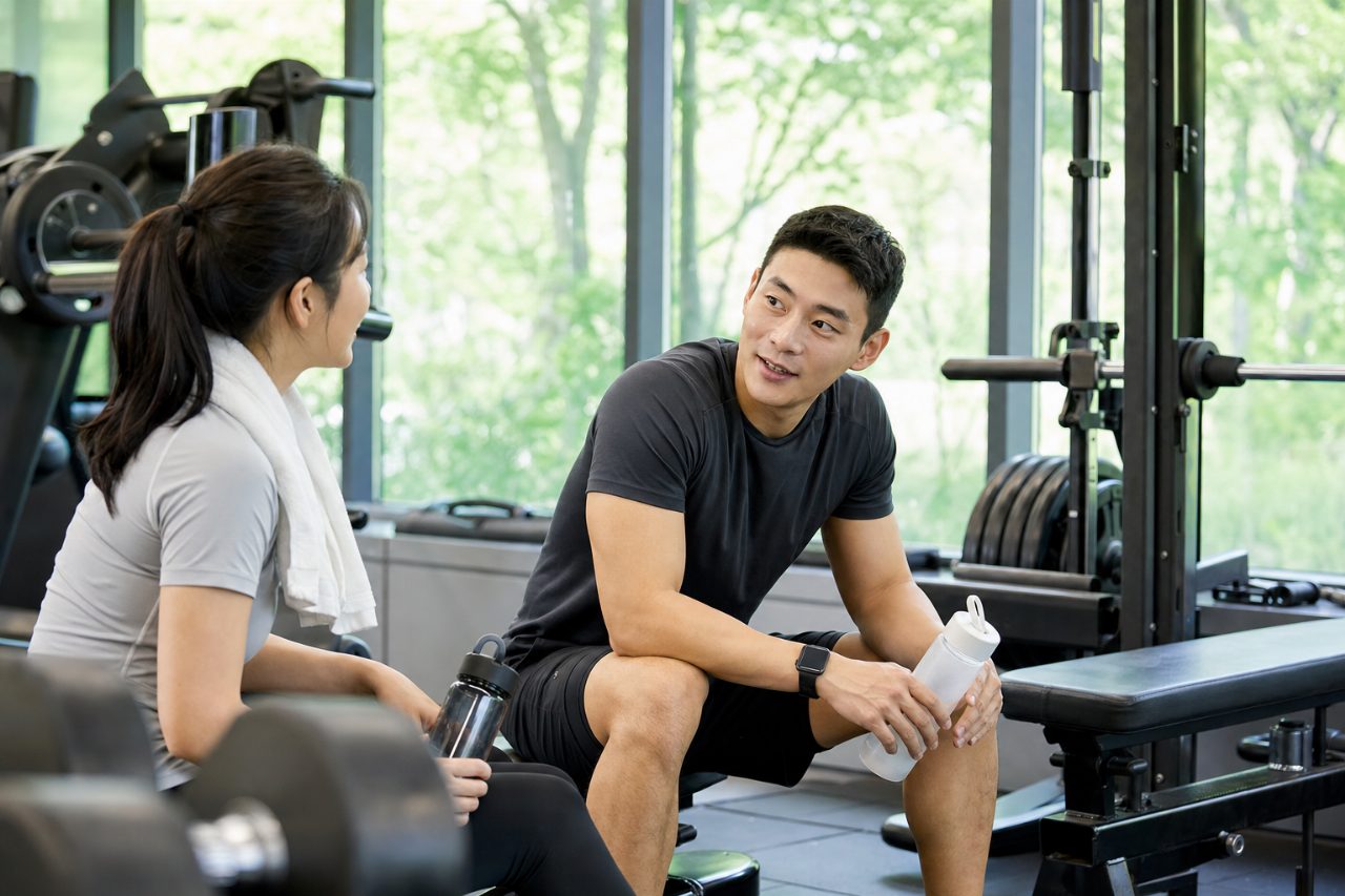 운동 중 서로 짧게 대화하는 모습을 담은 체육관 풍경