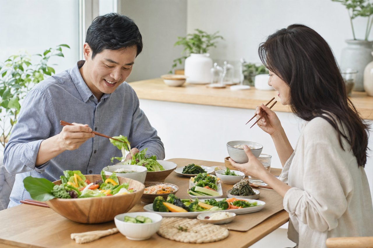 신선한 채소 위주로 차려진 건강한 식단 한상