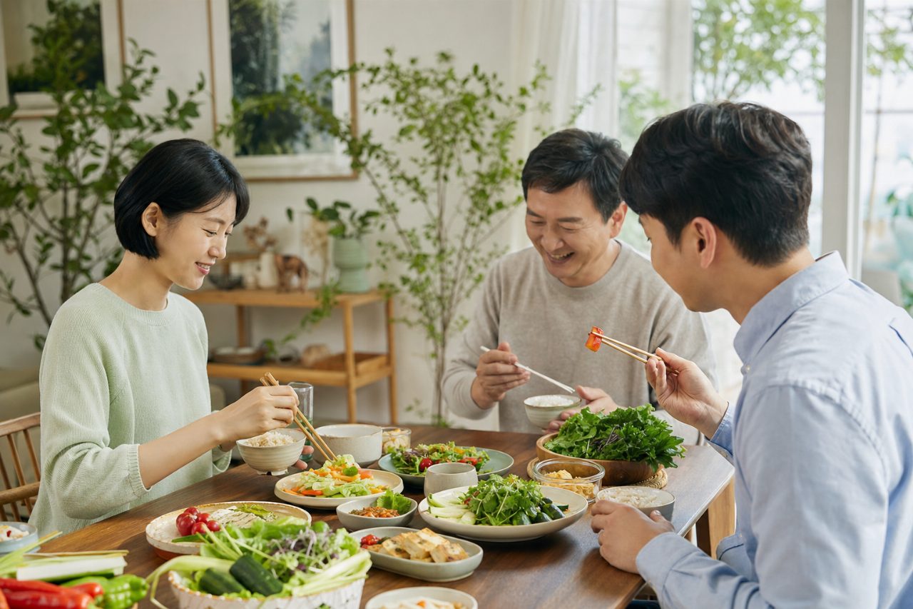 싱싱한 제철 채소와 과일이 담긴 식탁 한 상