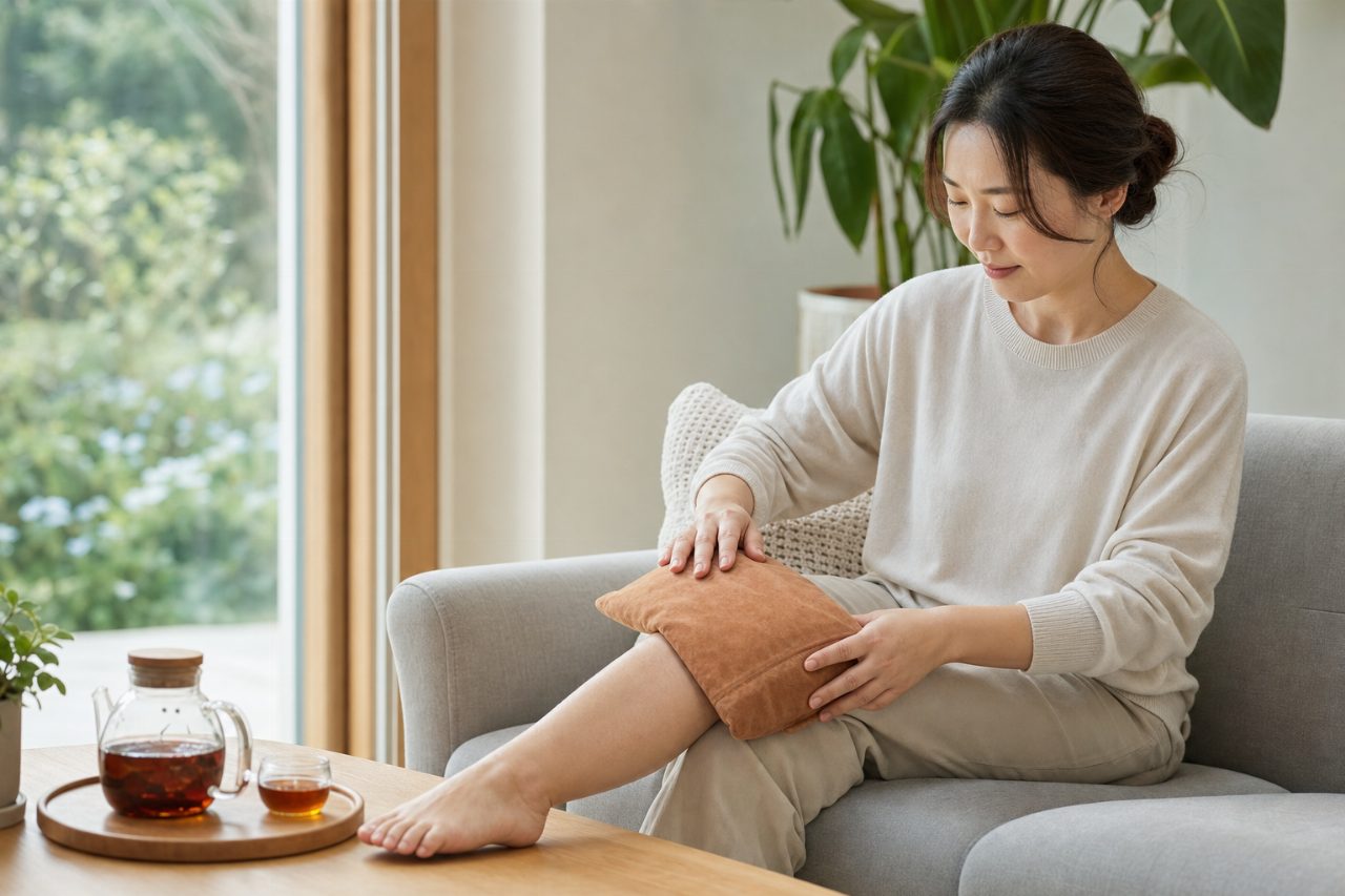 온찜질 팩을 다리에 올려놓은 관리 장면
