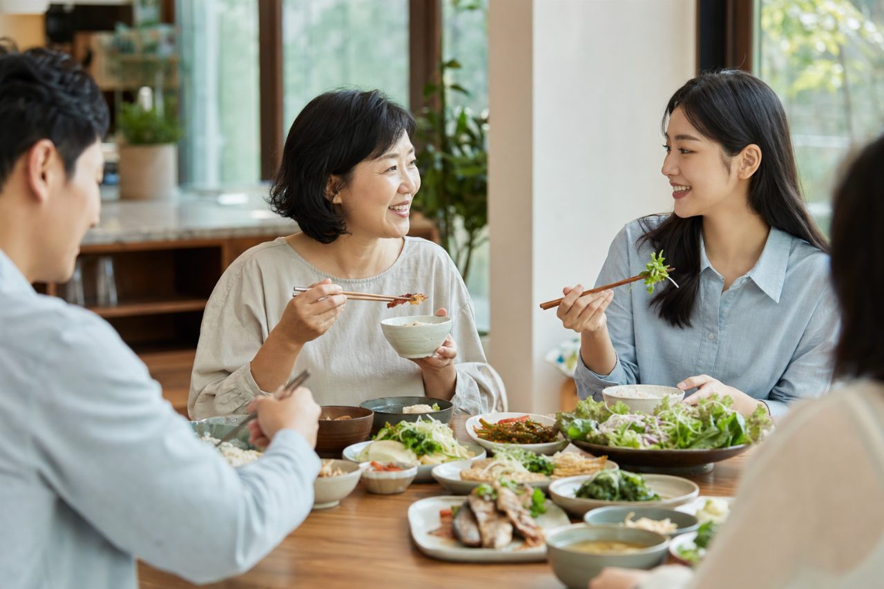 한 끼 밥상에 신선한 채소 요리가 곁들여진 모습