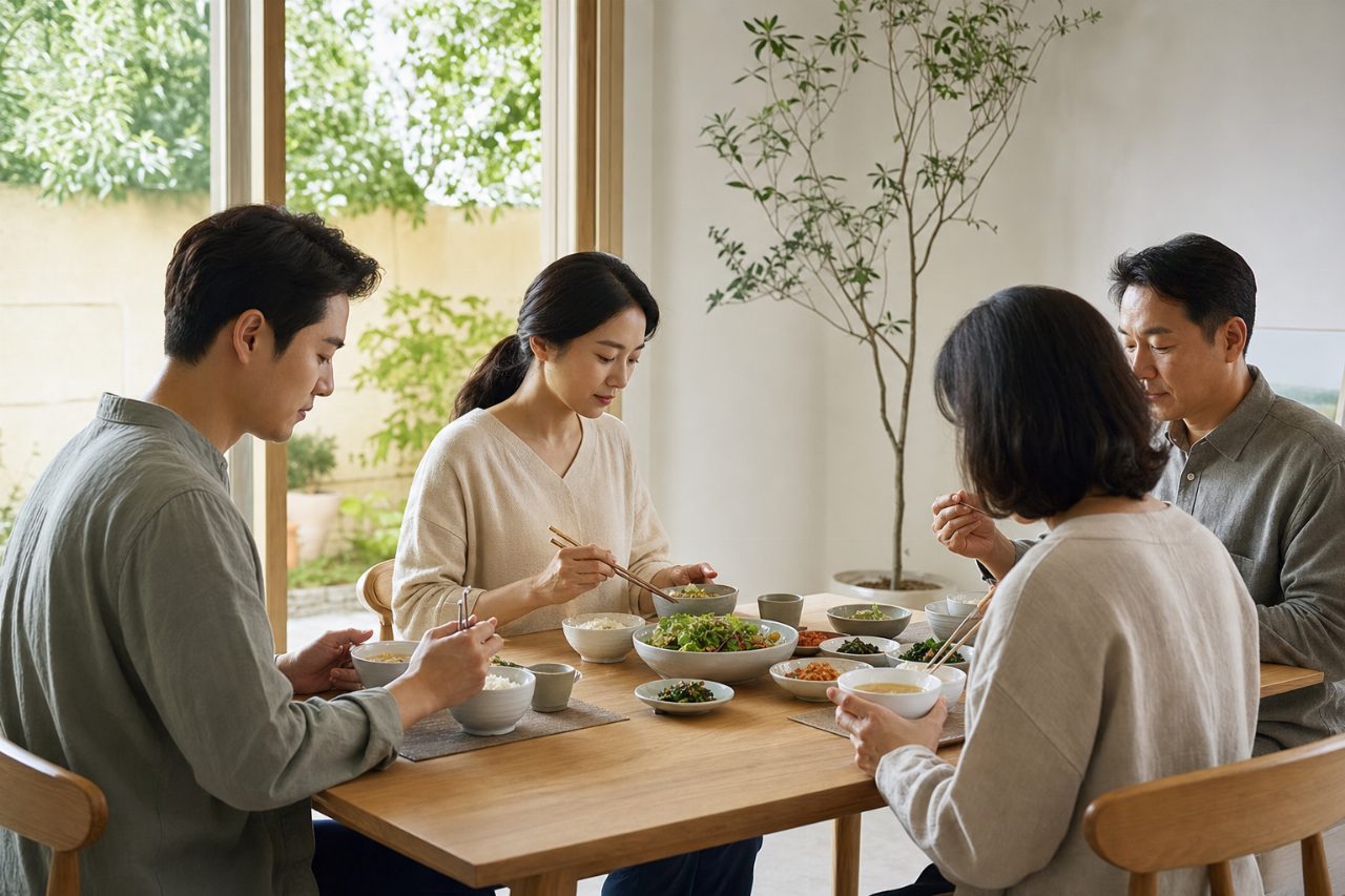 식사를 천천히 즐기는 조용한 식탁의 모습