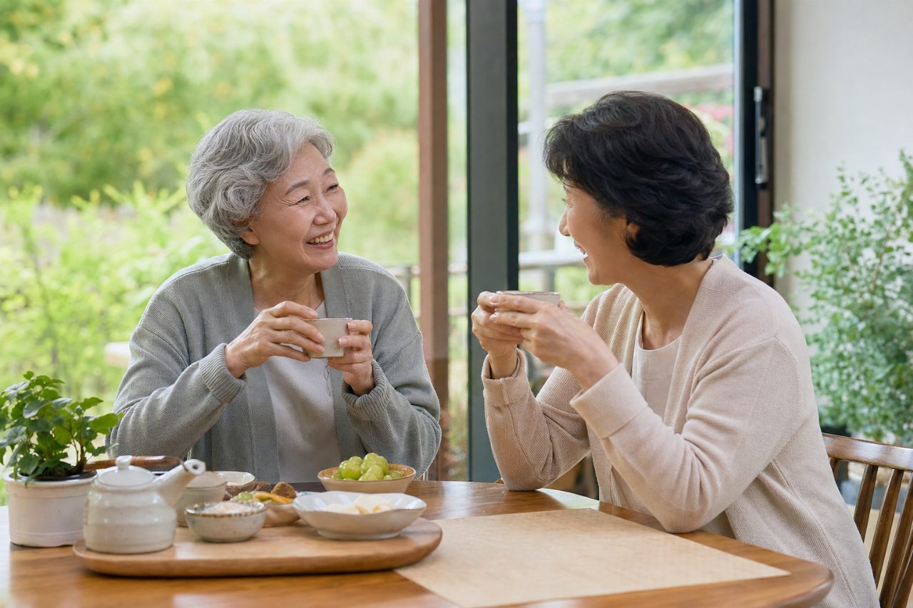 친구들과 대화하는 시니어들의 따뜻한 만남