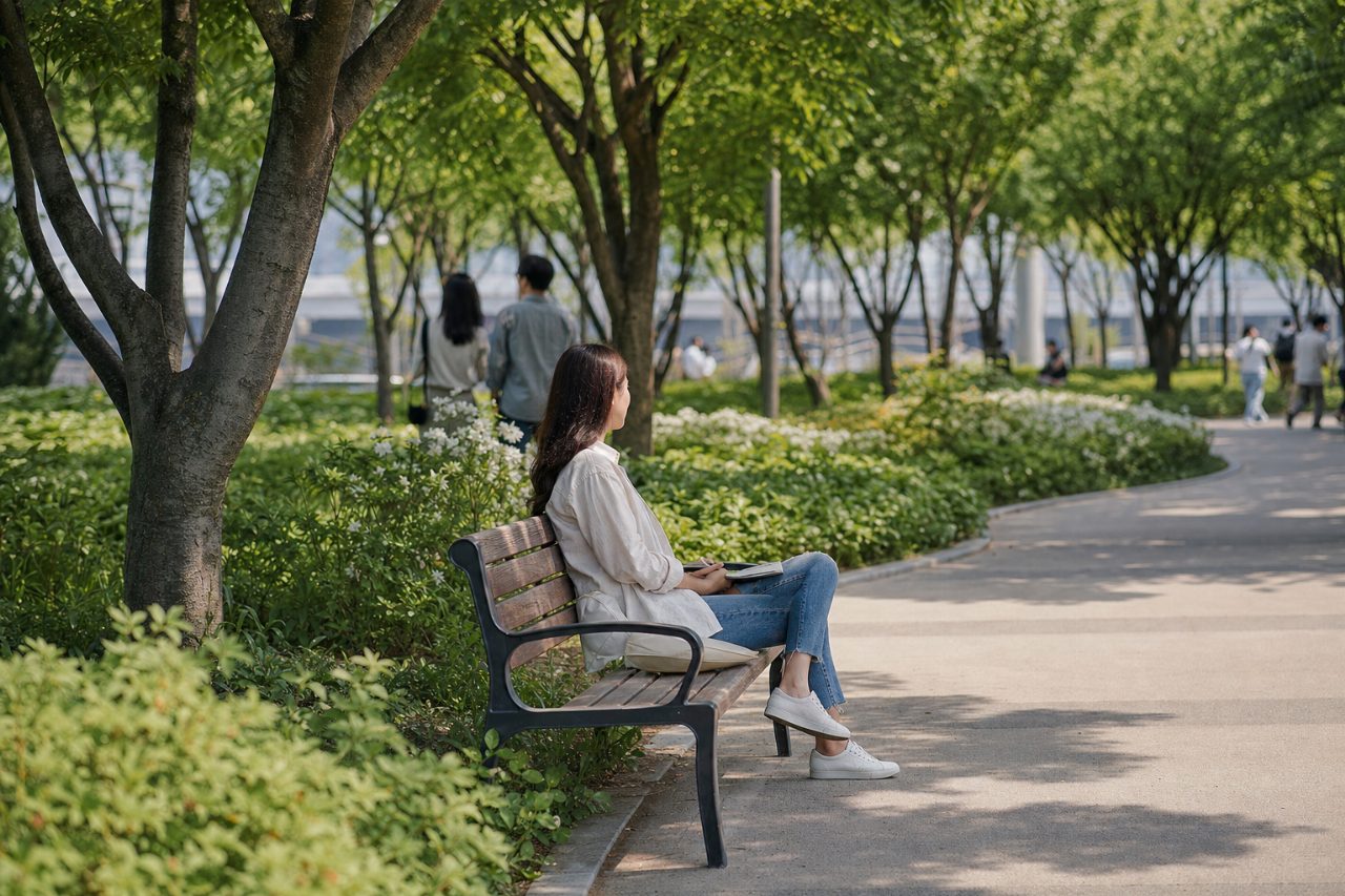 도심 공원의 벤치와 주변의 녹색 식물들