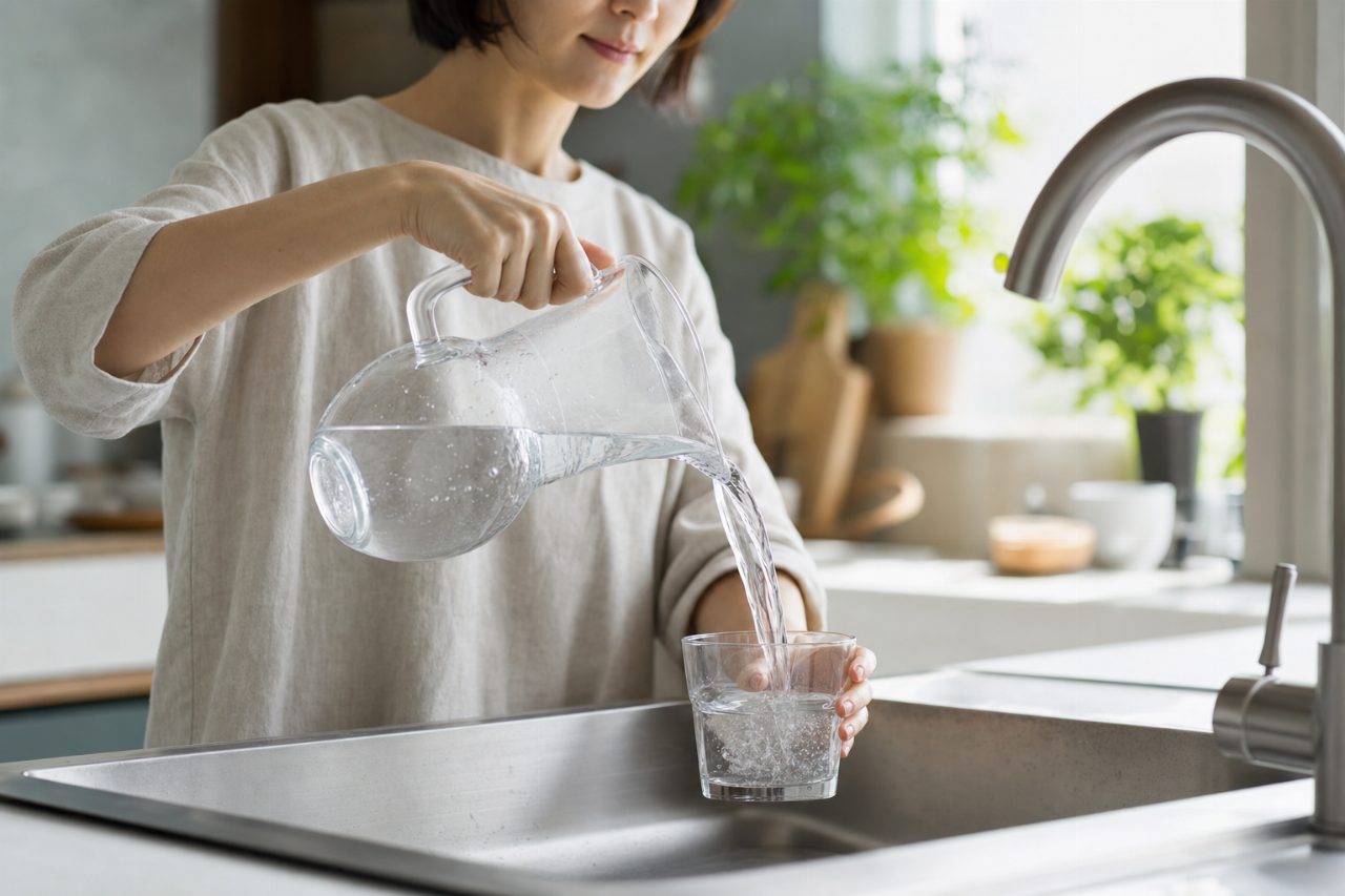 수돗물이나 생수를 컵에 따르는 손의 클로즈업 장면.