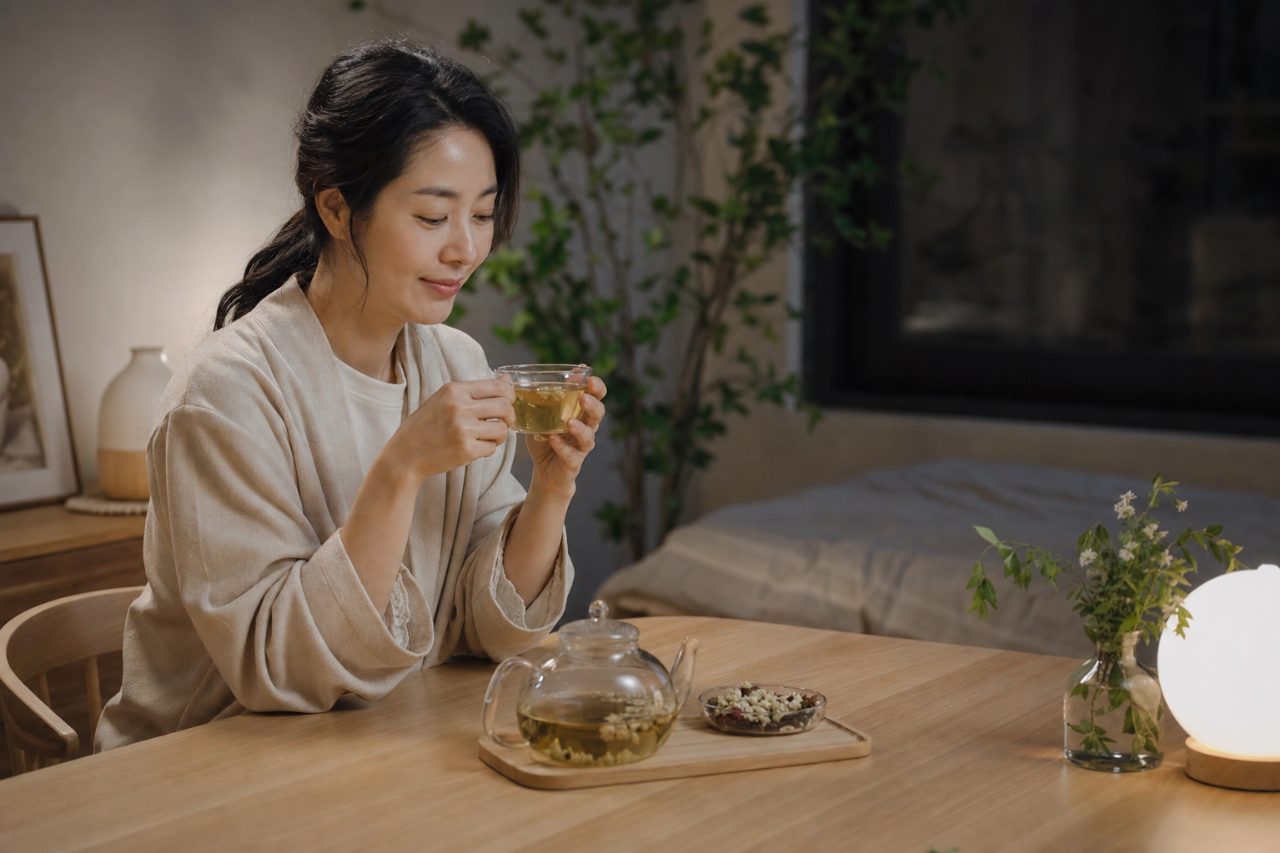 수면을 돕는 따뜻한 차와 조용한 밤의 테이블
